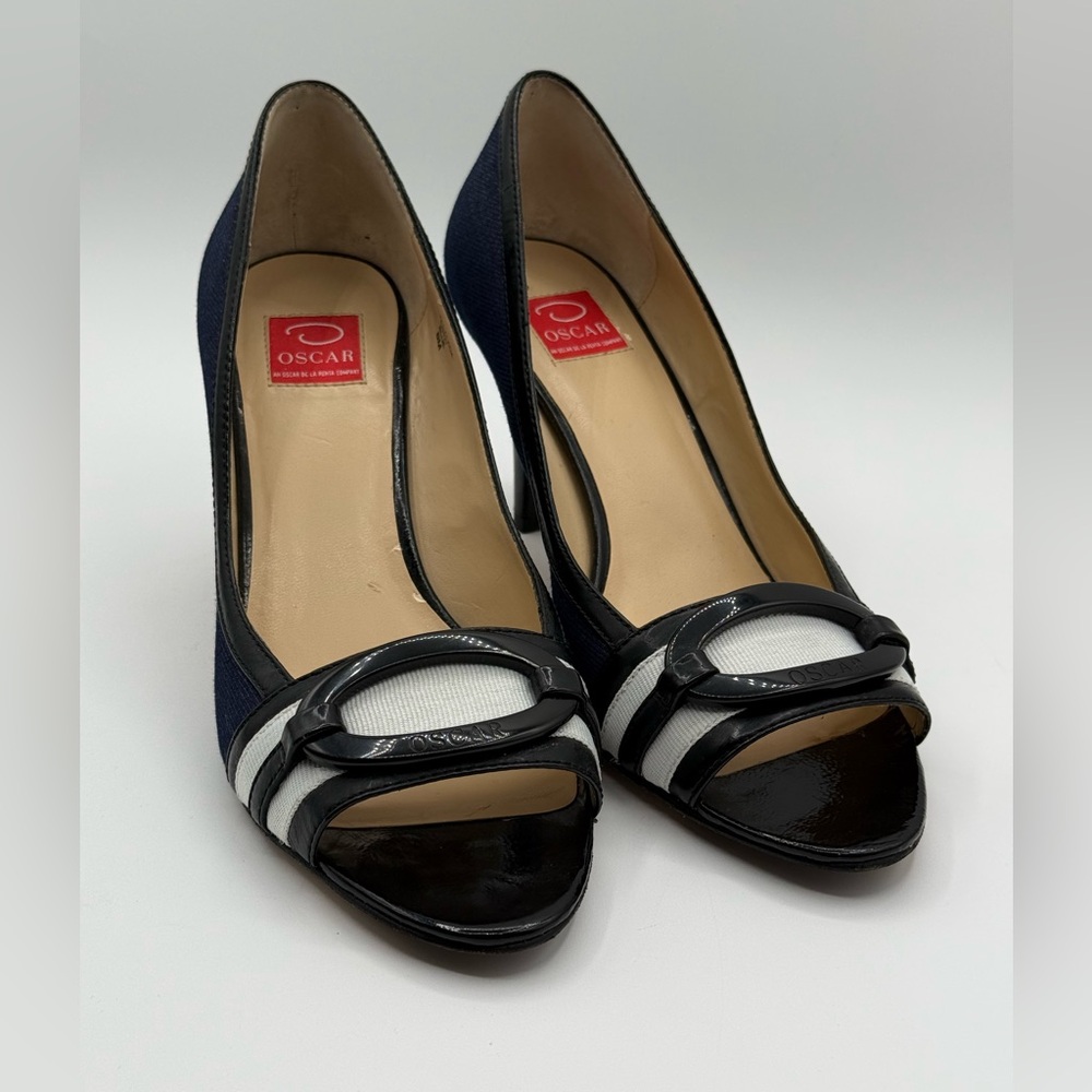 VTG RARE Oscar de la Renta O Calada Peep Toe Heels Blue/Black Size 8 - Picture 10 of 16